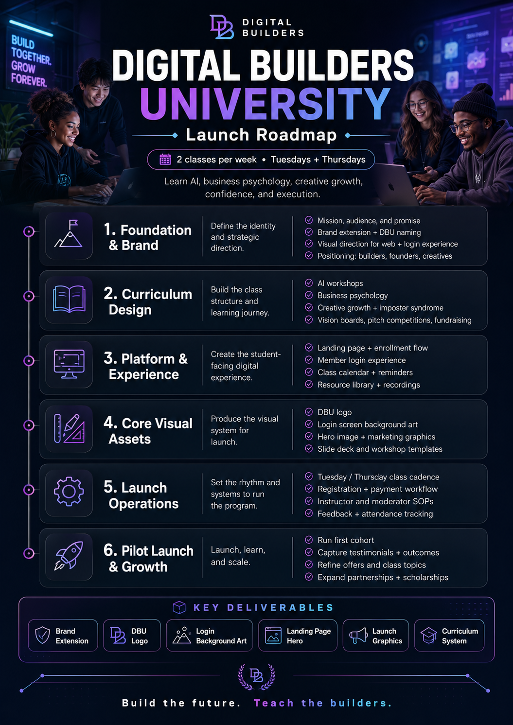 Digital Builders University roadmap — live classes for builders, founders, and creatives